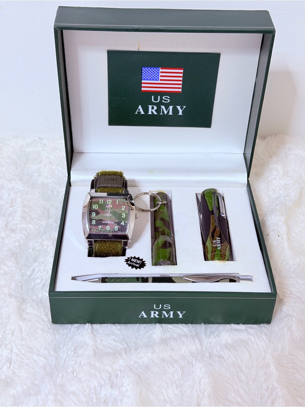 US Army Camo Quartz Watch Set With Pen Flashlight Multi-Purpose Knife Compass